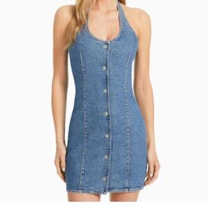 Bershka Blue Sleeveless Halter Bodycon Mini Dress